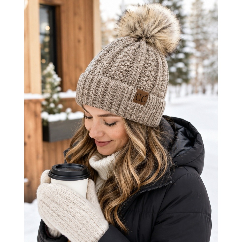 NWT C.C. Beanie Women Cable Knit Faux Fur Pom Fuzzy Lined Taupe Gray OS